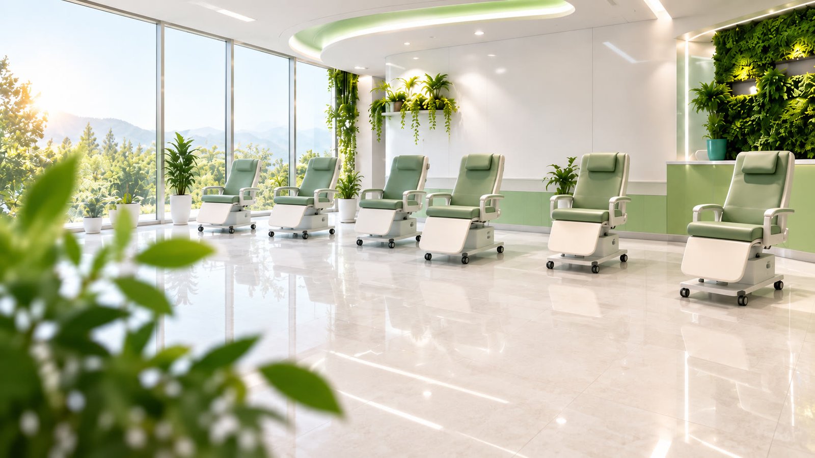 A bright dialysis clinic with sage treatment chairs, large windows, and a living plant wall.